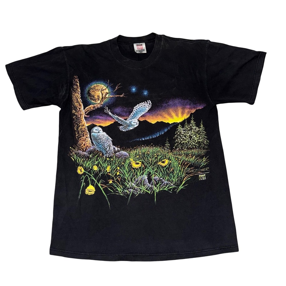 Stand Out Designs T-Shirt Mens Large Black Excellent 1993 Gardner Snowy Owl Art